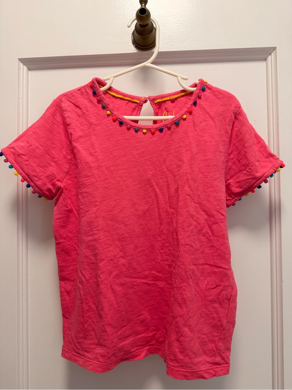 Mini Boden Bright Pink Short Sleeve Top with Pom Trim
